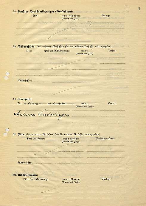 Fragebogen für Mitglieder der Reichskulturkammer von Leni Riefenstahl, 1936