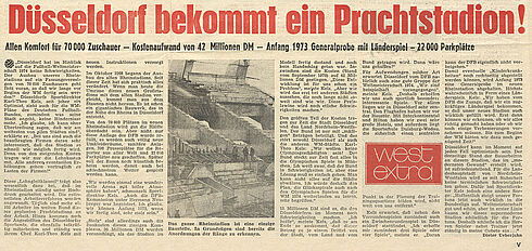 „Düsseldorf bekommt ein Prachtstadion!“, Artikel des „kicker“, 1971 Zeitungsartikel mit großer roter Überschrift, fünf Spalten und einem Stadionbild