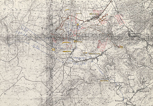 Karte vom Hürtgenwald mit eingezeichneten Orten und verschiedenfarbigen Markierungen