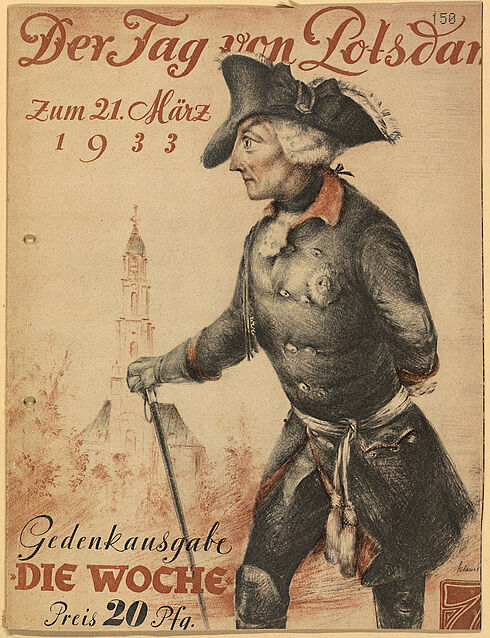 Bildliche Darstellung Friedrichs des Großen auf dem Titelblatt der Gedenkausgabe der Zeitschrift "Die Woche"