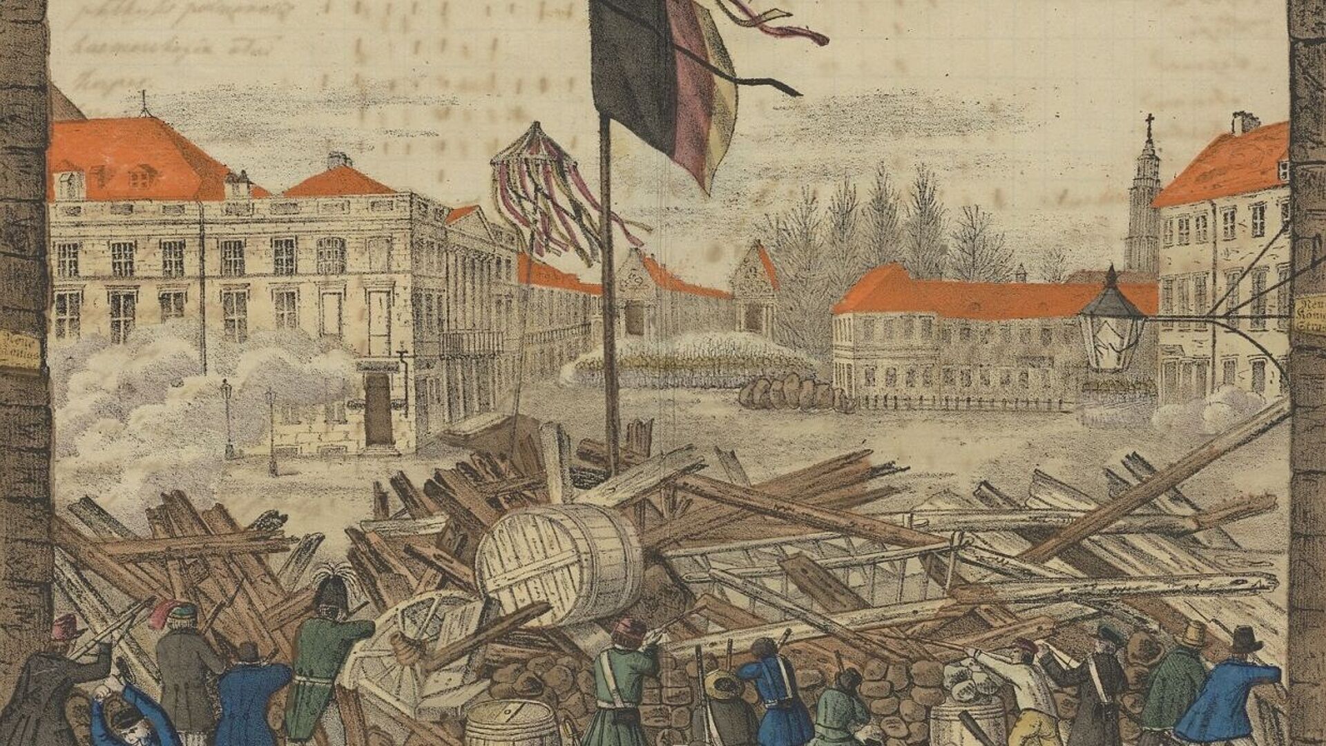 Zeichnung von der Barrikade in der Neuen Königsstraße am 19. März 1848, Berlin