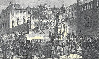 Der badische Kriegsminister flüchtet vor den aufständischen Soldaten der Bundesfestung Rastatt