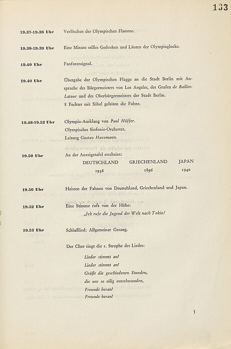 Anweisungen für die Schlussfeier der Olympischen Sommerspiele in Berlin am 16. August 1936