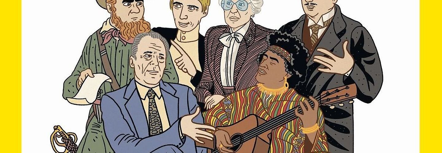 Das Bild zeigt in einem comichaften Stil gezeichnet eine Gruppe von sechs Personen, aufgestellt in zwei Reihen. In der vorderen Reihe sitzen zwei Männer auf Stühlen, in der hinteren Reihe stehen zwei Männer und zwei Frauen. Die Personen sind alle in Kleidung aus unterschiedlichen Zeiten und Orten gekleidet.