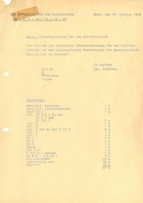 Erste Seite eines maschinentextlichen Schreibens des Bundesministers für Verteidigung mit dem Betreff "Dienstanweisung für den Militärattaché" und einer großen Verteilerliste