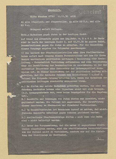„Maßnahmen gegen Juden in der heutigen Nacht“.- Befehl Reinhard Heydrichs, 10. November 1938