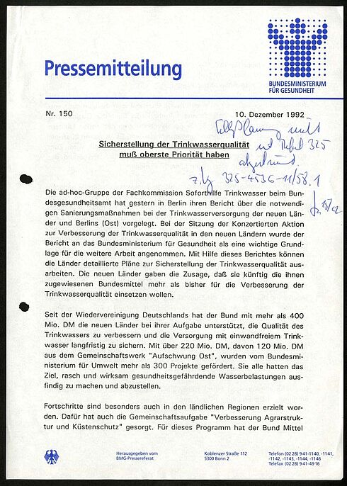 Erste Seite der Pressemitteilung zur Sicherstellung der Trinkwasserqualität in den neuen Bundesländern, 1992
