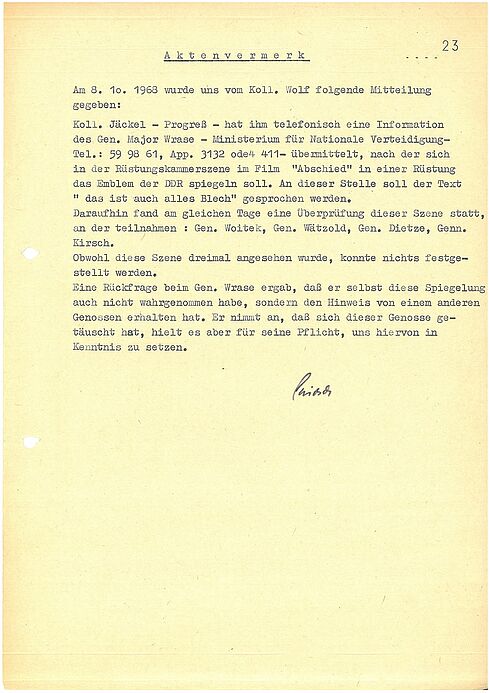 Aktenvermerk zu „Abschied“, 1968
