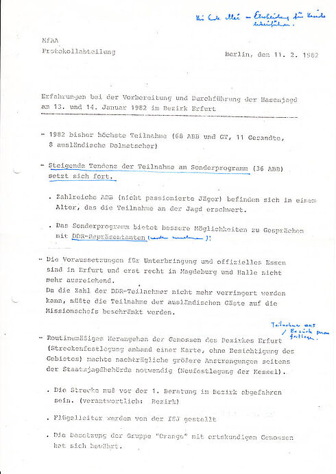 Bericht der Protokollabteilung des Ministeriums für Auswärtige Angelegenheiten über die Auswertung der Probleme bei der Hasenjagd am 13. und 14. Januar 1982 im Bezirk Erfurt (Seite 1 von 5).