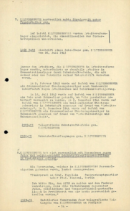 Vierzehnte Seite der Verschriftlichung mit den gesammelten Aussagen gegen Ernst Kaltenbrunner