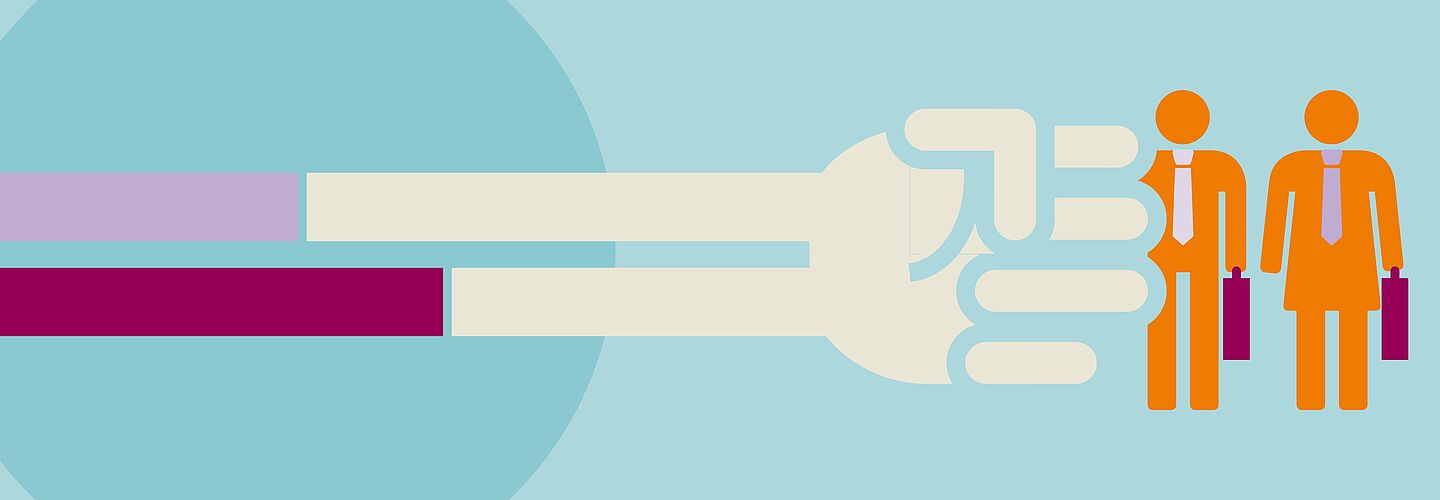 Das Bild zeigt rechts zwei stilisierte menschliche Figuren mit Krawatten und Aktentaschen. Von links kommt eine große stilisierte Faust auf sie zu. Die Faust entspringt einem türkisen Kreis am rechten Bildrand.