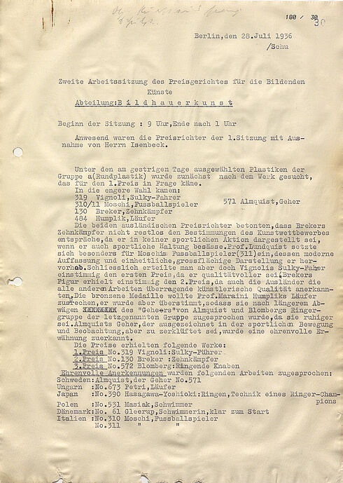Protokoll der zweiten Arbeitssitzung des Preisgerichts für die Bildenden Künste beim Kunstwettbewerb der Olympischen Sommerspiele 1936 in Berlin