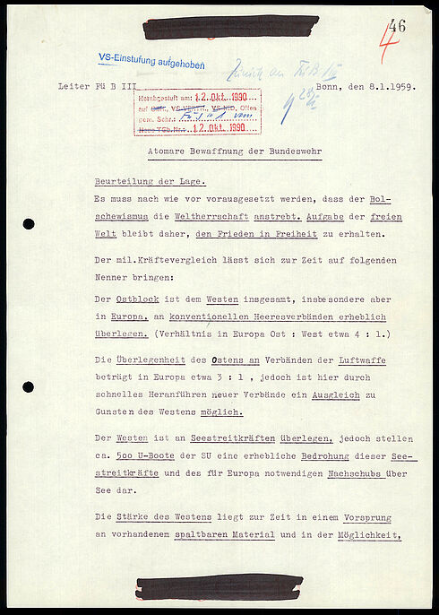 Ausarbeitung, BMVg, Leiter Fü B III: Atomare Bewaffnung der Bundeswehr, 8. Jan. 1959