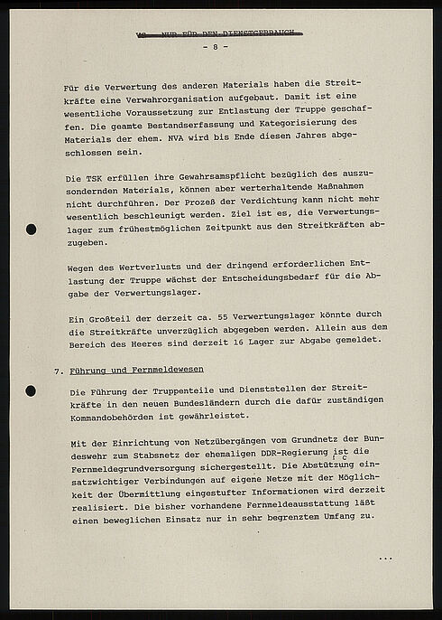 Vortrag zum Thema „Lage der Bundeswehr in den neuen Ländern“, 16. September 1991 (Seite 8) Maschinenschriftliches Dokument