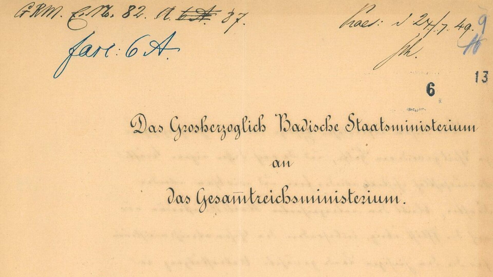 Schreiben des badischen Staatsministeriums an das Reichsministerium über die Niederschlagung der Badischen Revolution, 22. Juli 1849