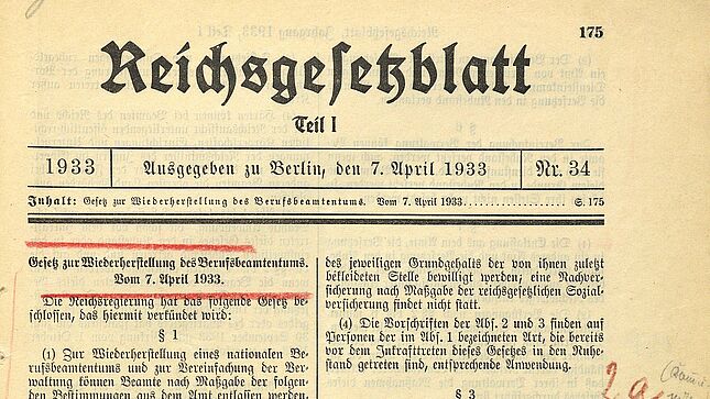 gedruckte, in zwei Spalten aufgeteilte Seite mit Paragrafen, Absätzen und Gesetzestext; rot markierte Überschrift; handschriftliche Vermerke am rechten Rand