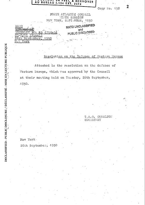 Beschluss des NATO-Rats vom 26. Sept. 1950 über den Aufbau einer integrierten militärischen Kommandostruktur unter Einbeziehung von Streitkräften der Bundesrepublik.