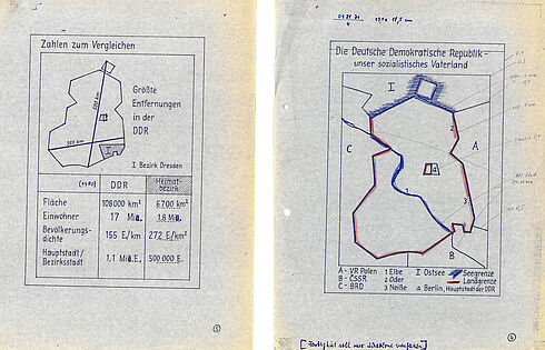 Darstellung des Grenzverlaufs der DDR. - Entwürfe (Textabbildungen) für Unterrichtshilfen für Lehrer und Lehrerstudenten im Geographieunterricht 1982-1985 Zwei handgemalte Grafiken zeigen den Grenzverlauf zwischen der DDR und den Nachbarländern.
