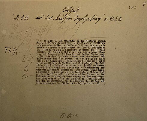 Zeitungsmeldung zu fleischlosen Tagen, 1916