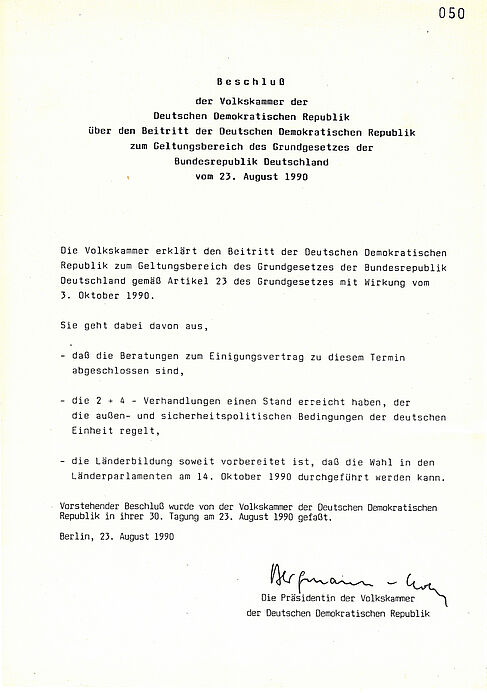 Volkskammerbeschluss über den Beitritt der DDR zum Geltungsbereich des Grundgesetz der BRD, 23. August 1990