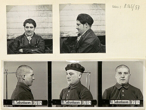 DIN-A4-Blatt im Querformat mit Schwarz-Weiß-Fotos eines Mannes aus verschiedenen Perspektiven, in der oberen Bildreihe mit längeren Haaren und Lederjacke, in der unteren Bildreihe mit geschorenem Kopf und Arbeitskleidung