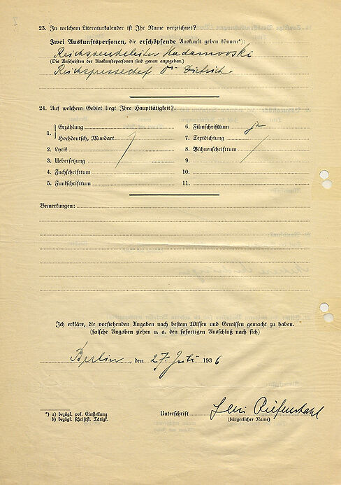 Fragebogen für Mitglieder der Reichskulturkammer von Leni Riefenstahl, 1936