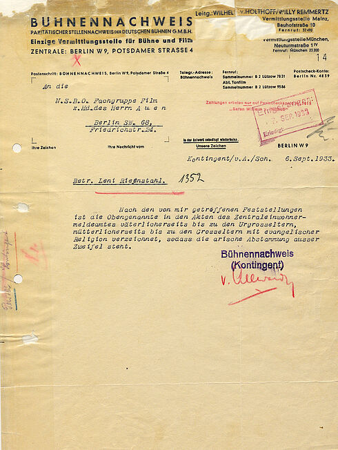 Bühnennachweis über die Abstammung von Leni Riefenstahl