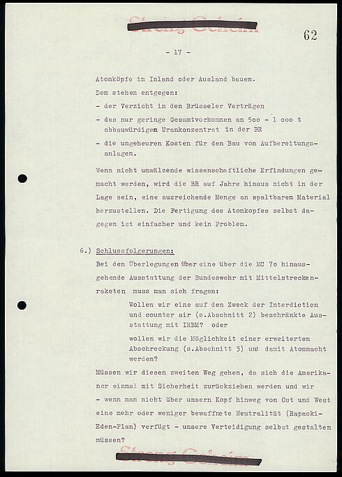 Ausarbeitung, BMVg, Leiter Fü B III: Atomare Bewaffnung der Bundeswehr, 8. Jan. 1959