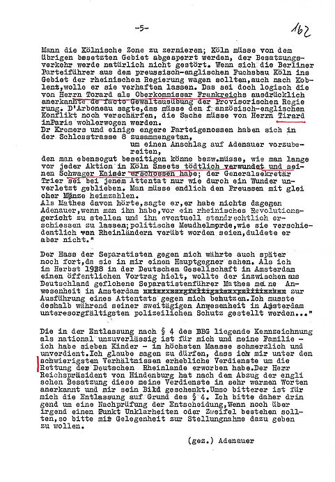Brief Konrad Adenauers zu seiner Entlassung aus dem Staatsdienst (Abschrift, Seite 5) Schriftdokument mit Maschinentext, strukturierten Absätzen sowie in roter Farbe markierten und unterstrichenen Passagen