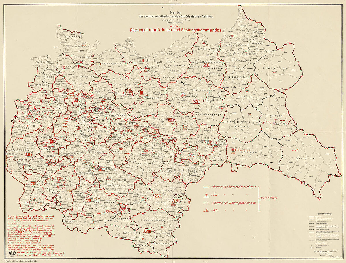 Karte des Deutschen Reichs, auf der die Gaue, Rüstungsinspektionen und Rüstungskommandos eingezeichnet sind.