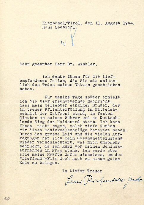 Kondolenz-Dankschreiben von Leni Riefenstahl, 1944