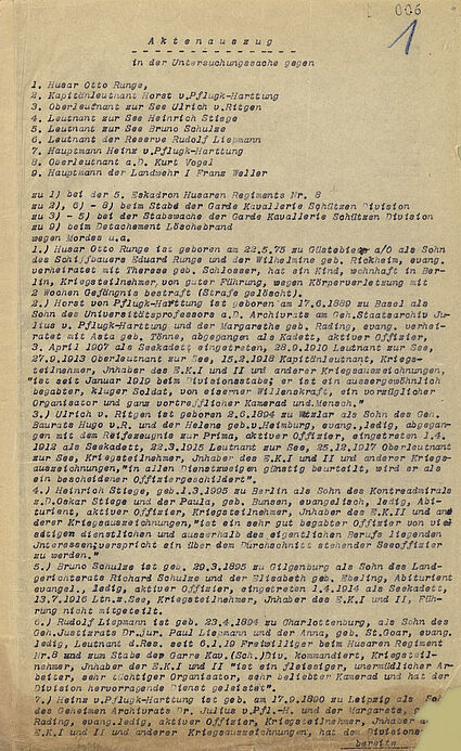 ganzseitig mit Maschinentext beschriebenes Dokument mit Auflistung von neun Namen am Anfang