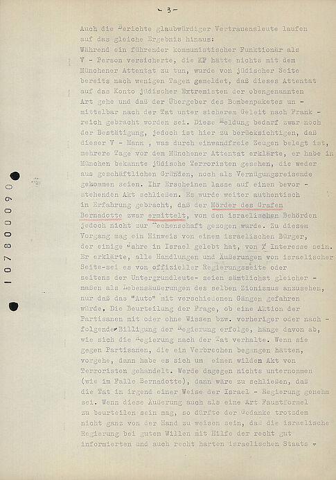 Maschinengeschriebenes Dokument mit nummerierten Absätzen und handschriftlichen Korrekturen sowie Unterstreichungen in Rot