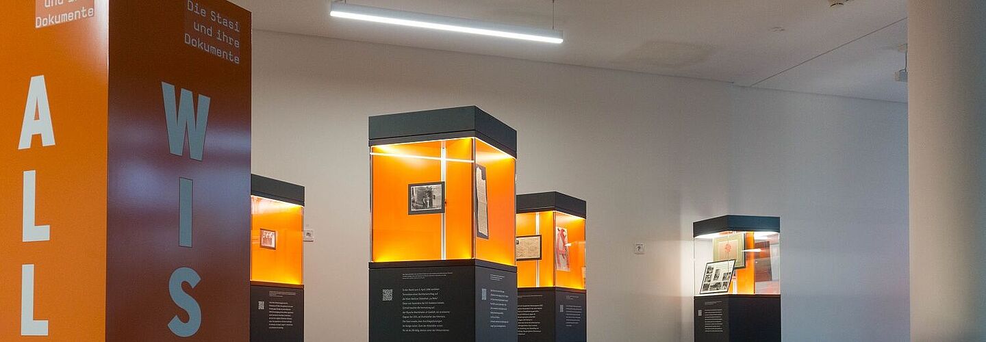 Blick in die Wanderausstellung. Zu sehen sind mehrere Stelen mit Glasvitrinen, in denen sich Dokumente, Fotos und Objekte befinden.