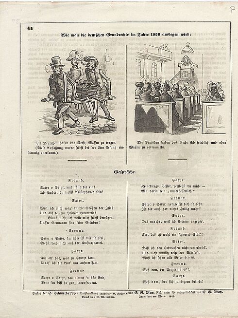 Karikatur zu den Grundrechten in der Zeitschrift "Der Satyr. Lose Blätter aus dem Deutschen Reiche", 1849