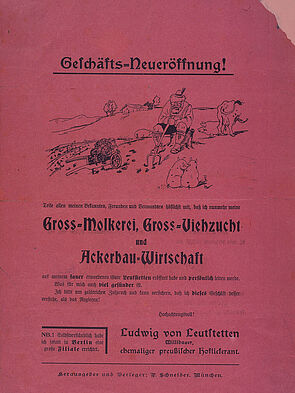 Karikatur von Ludwig III., der auf einem Feld zwischen Schweinen und einer Kuh sitzt und eine Mistgabel in der Hand hält.