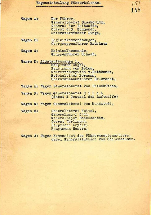 maschinengeschriebene Aufstellung von Namen, die jeweils Autos einer Kolonne zugewiesen sind