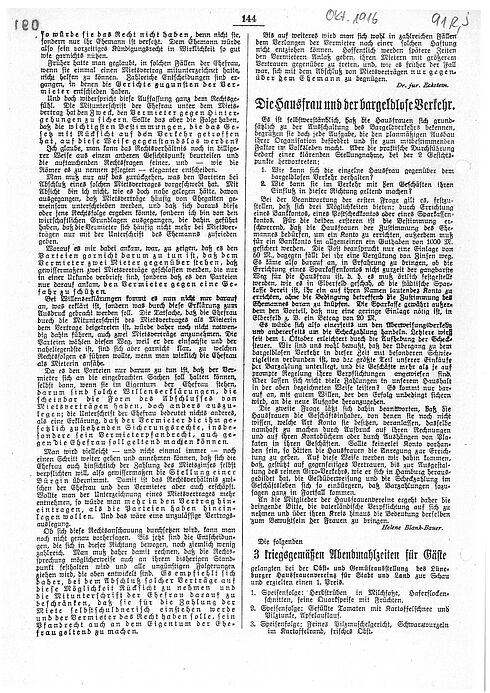 Tipps für drei kriegsgemäße Abendmahlzeiten für Gäste, 1916, Seite 1