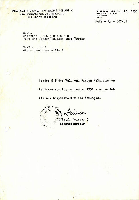 Ernennung Karl Hagemanns zum Hauptdirektor des Volk und Wissen Verlages vom 20.09.1951 Maschinell erstelltes Schriftgut