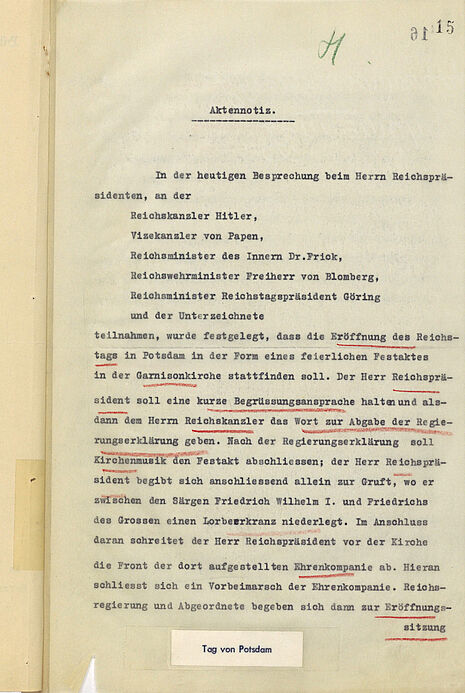 Aktennotiz über eine Planungsbesprechung beim Reichspräsidenten