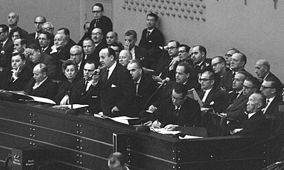 Auf dem Schwarz-Weiß-Foto sind zahlreiche Abgeordnete zu sehen, die in vier Reihen auf einem Podium sitzen. In der ersten Reihe steht Hermann Höcherl. Die linke Hand in der Sakkotasche steckend, spricht er in ein Mikrofon. Das Foto nahm der Fotograf Egon Steiner am 7. November 1962 während einer Fragestunde im Deutschen Bundestag zur „Spiegel-Affäre“ auf.