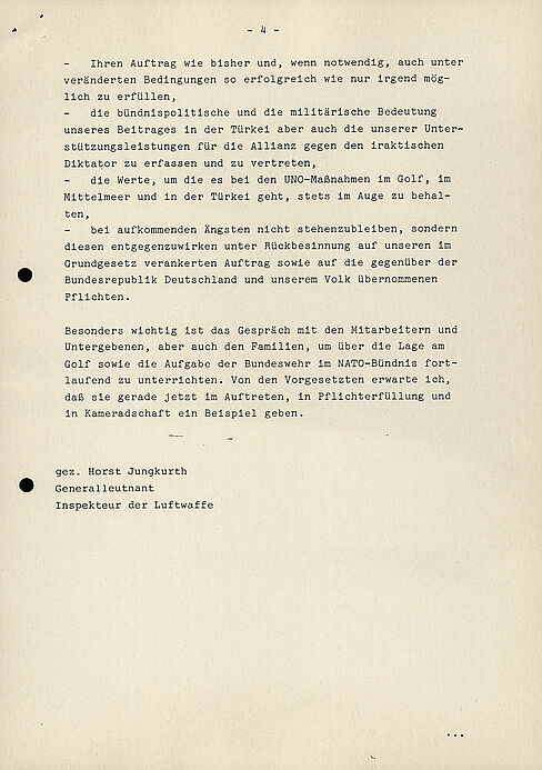 Tagesbefehl des Inspekteurs der Luftwaffe zum Einsatz der Luftwaffe in der Türkei vom 12. Februar 1991.