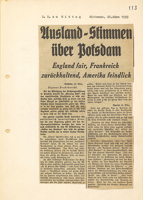 Reaktionen der Auslandspresse. Abbild eines Artikels in der Berliner Zeitung am Mittag vom 22. März 1933