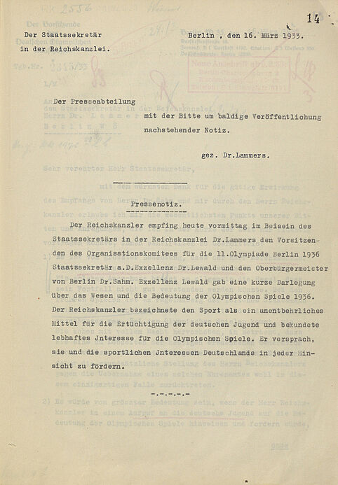 Pressenotiz zum Treffen von Theodor Lewald mit Adolf Hitler am 16. März 1933 zur Austragung der Olympischen Spiele in Deutschland 1936