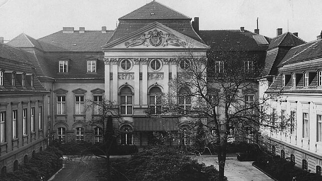 Es handelt sich bei der Schwarz-Weiß-Aufnahme um die Frontansicht des Palais Radziwill in Berlin, das Dienstsitz der Reichskanzlei war. Es befand sich in der Wilhelmstraße 77. Das Gebäude ist in U-Form gebaut. Der Innenhof ist mit einem Rundweg gestaltet, der eine mit Bäumen und Sträuchern bepflanzte Fläche einfasst. Den vorderen Abschluss des Grundstücks bildet ein hoher Metallzaun. Das Bild wurde von einem unbekannten Fotografen aufgenommen.