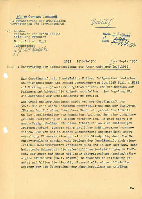 Auftrag des Ministeriums der Finanzen zur Überprüfung der von der ADN GmbH erstellten Abschlussbilanz, 27.09.1953 Maschinell erstelltes Schriftgut