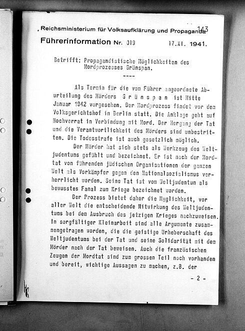 Führerinformation Nr. 019 zu den „Propagandistischen Möglichkeiten des Mordprozesses Grünspan“, 17. November 1941