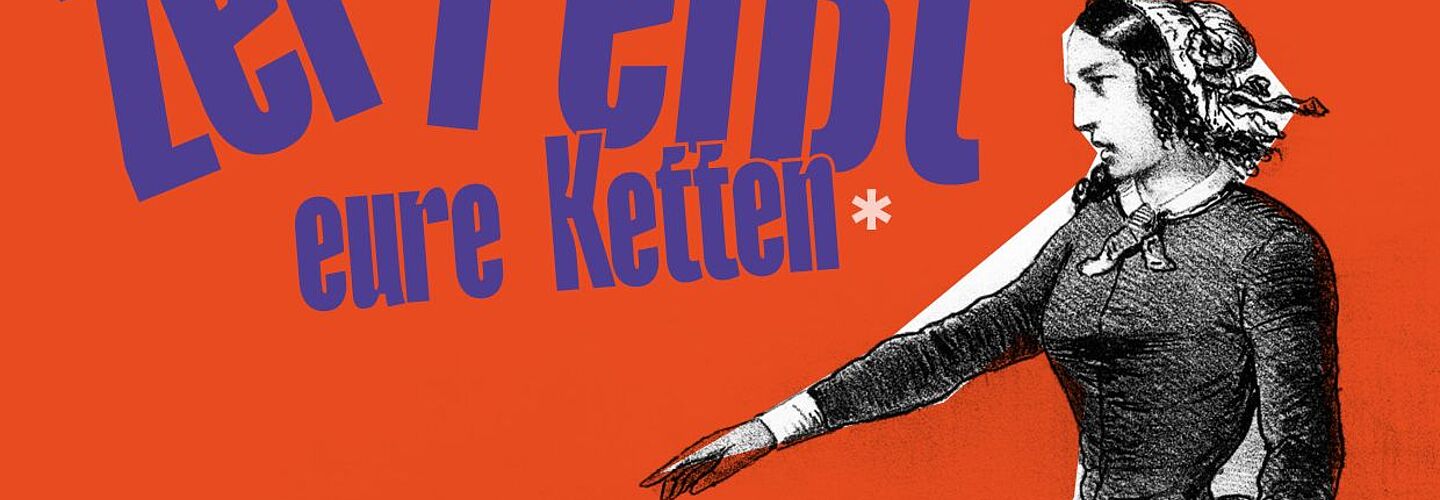 Das Bild zeigt auf rotem Hintergrund eine stilisierte Frauenfigur, die zu einer Menge an Frauen spricht, über denen sie steht. Sie hat den linken Arm ausgestreckt und zeigt auf die Menge, zu der sie spricht. Links über ihr ist der Titel des Buches beziehungsweise der Sonderausstellung zu sehen.