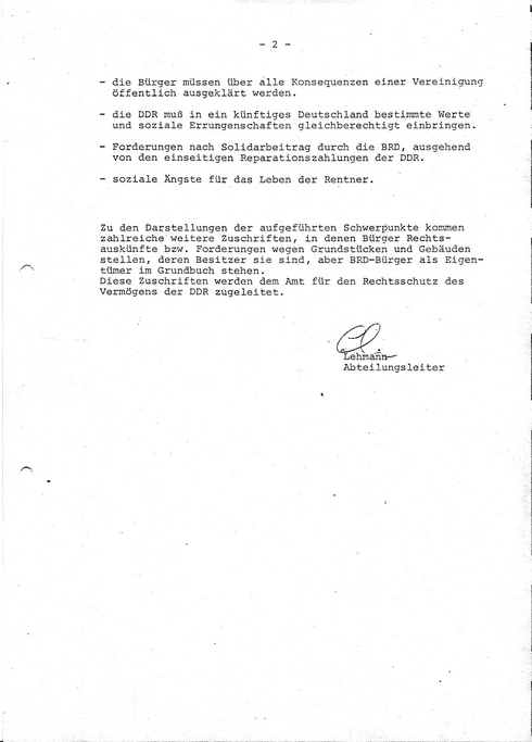 Information des Sekretariats der Volkskammer der DDR an die Mitglieder des Präsidiums der Volkskammer vom 23. Februar 1990 über Zuschriften von Bürgern zu Fragen der Wiedervereinigung, Seite 2