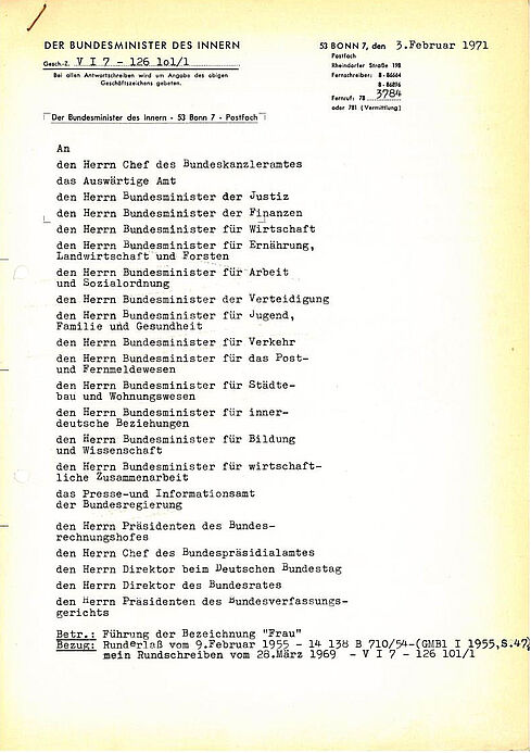 Betrifft: Führung der Bezeichnung "Frau". Rundschreiben des Bundesministers des Innern vom 3. Feb. 1971